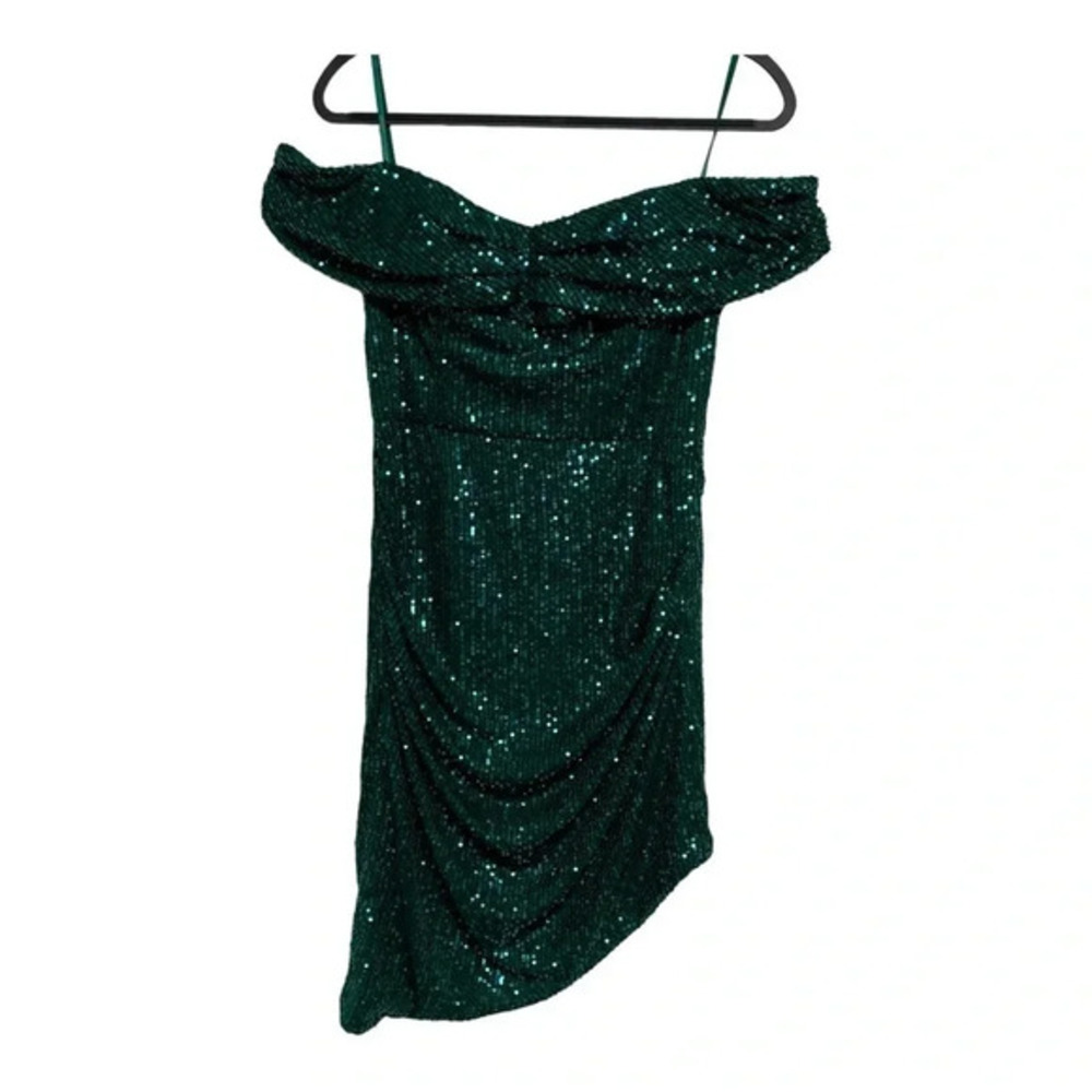 City Studio Womens Green Sequin Asymmetrical Hem Off-Shoulder Dress Sz 8